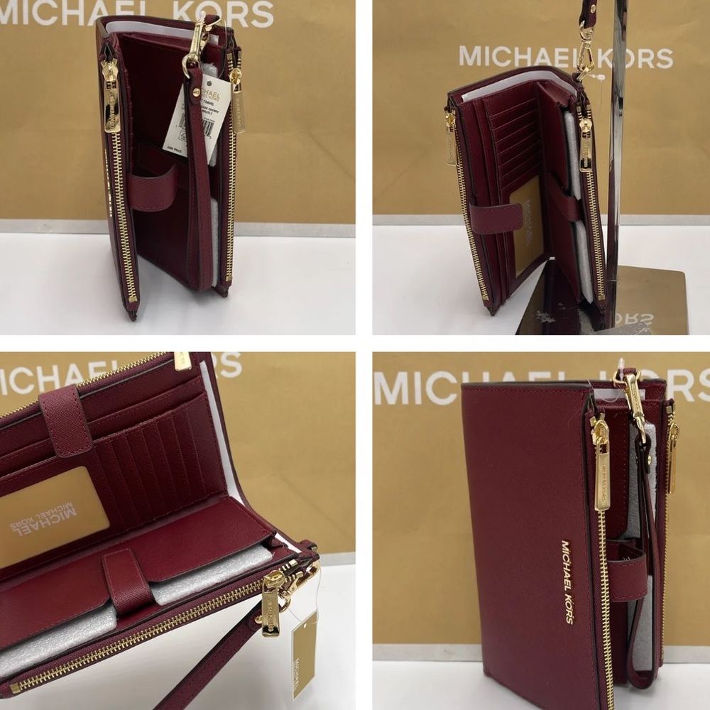 MICHAEL KORS LG DOUBLE ZIP WRISTLET DARK CHERRY MERLOT MULBERRY PHONE CASE NWT - Picture 15 of 16